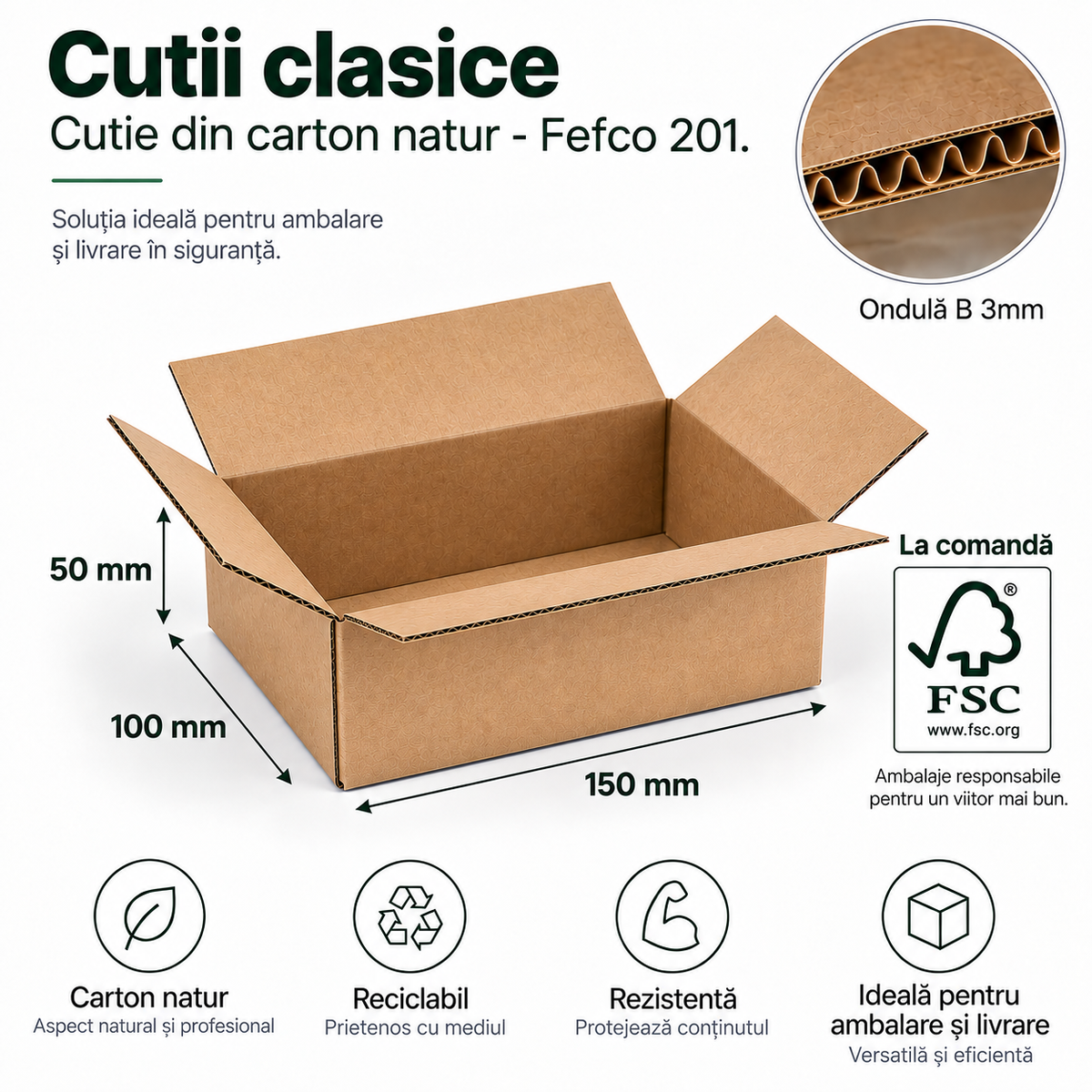 Cutie carton StandardBox 150 x 100 x 50 mm, CO3 ondula B 3 mm, cu cote