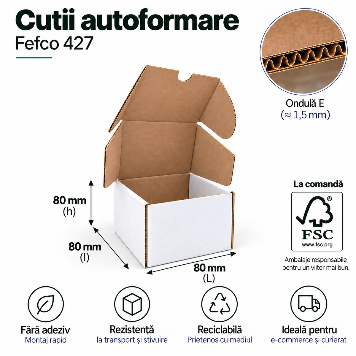 Cutie autoformare Fefco 427, 80x80x80 mm, alb/natur, ondulă E