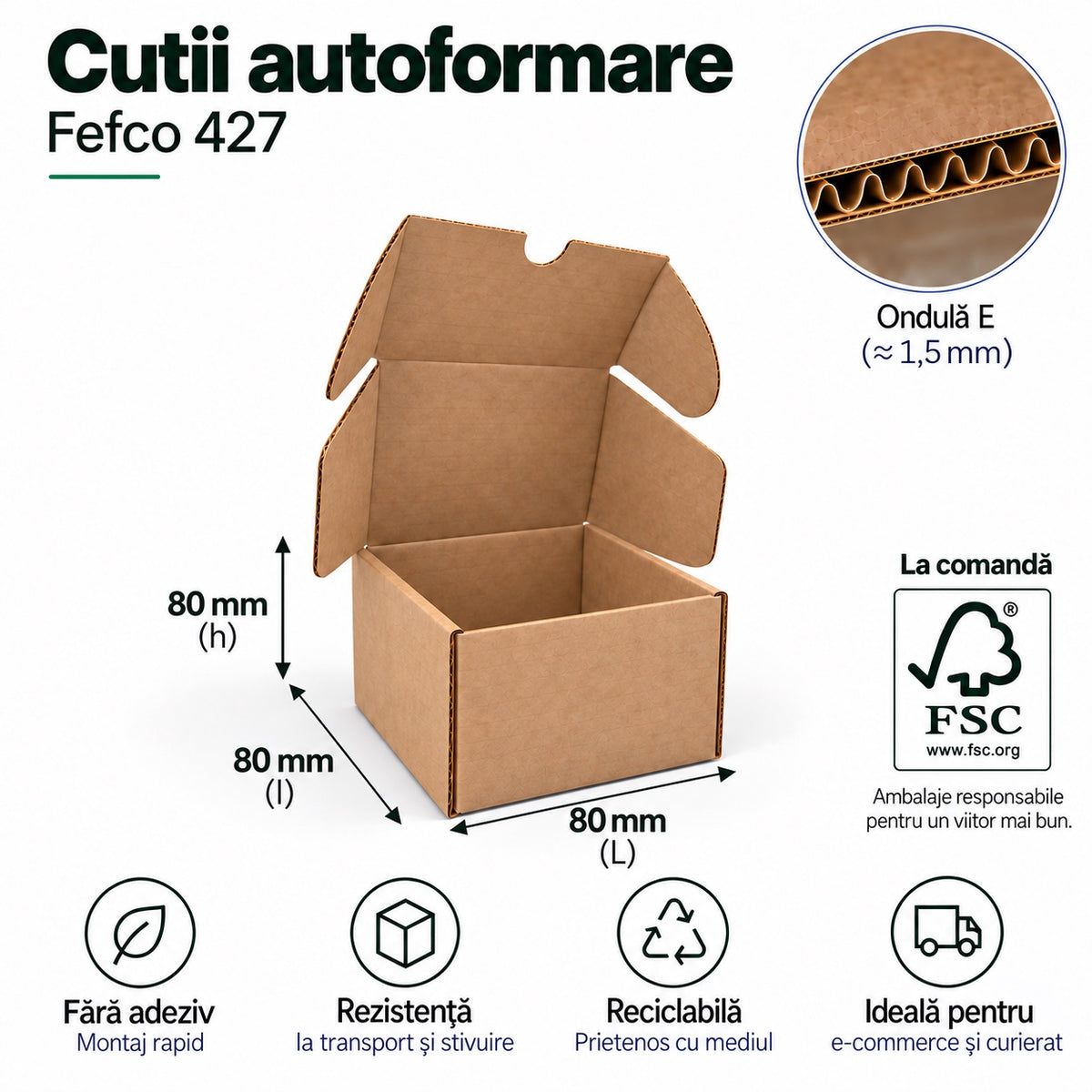 Cutie autoformare Fefco 427, 80x80x80 mm, natur, ondulă E
