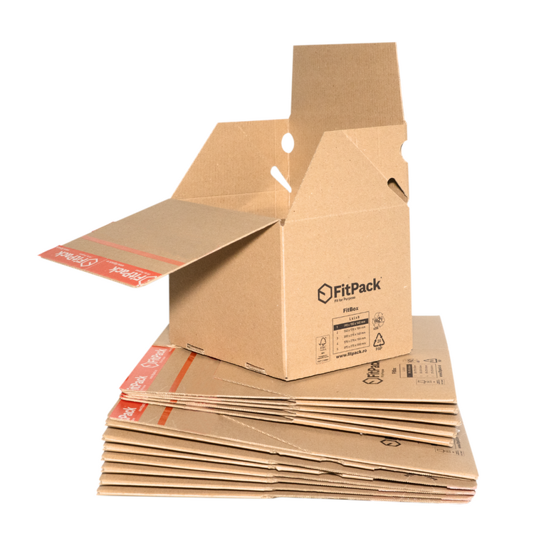Cutii carton FitBox cu autoformare, banda de sigilare si banda de rupere