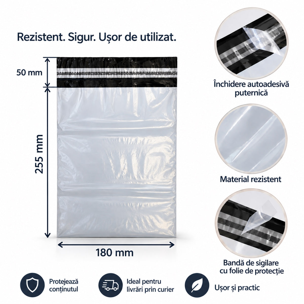 Plic curierat LDPE 180x255mm, exterior alb, interior negru opac – FitPack