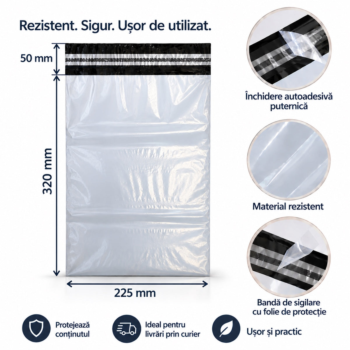 Plic curierat LDPE 225x320mm, exterior alb, interior negru opac – FitPack