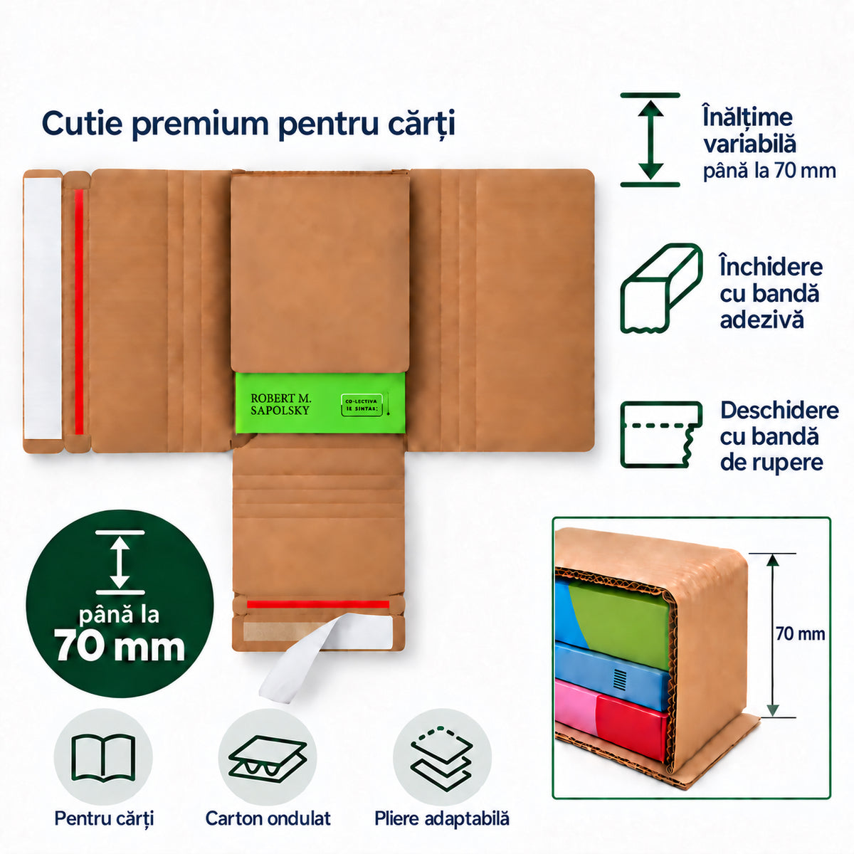 TwistBox Premium – cutie din carton ondulat pentru cărți, ondulă B, natur, cu bandă de rupere și bandă adezivă